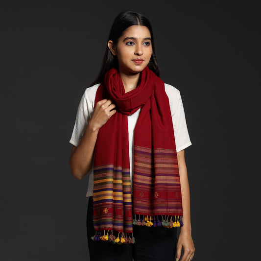 Red - Kutch Handwoven Fine Pure Merino Wool Stole with Tassels
