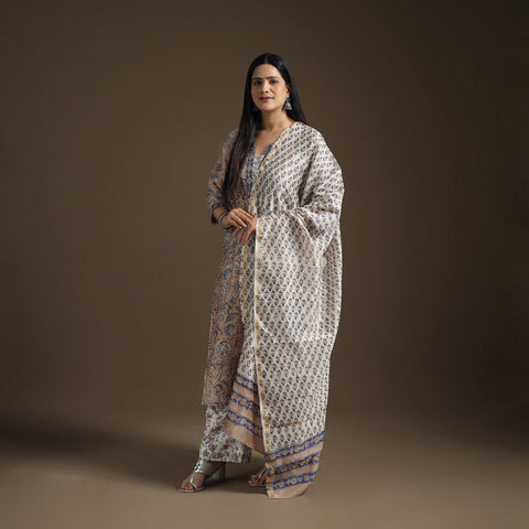 Sequin Work Sanganeri Hand Block Print Chanderi Silk Suit Set with Dupatta for Women 12