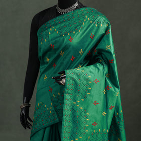 Green - Bengal Nakshi Kantha Hand Embroidered Silk Saree 39