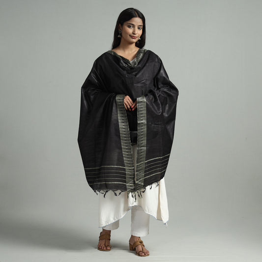 Black - Black Jamdani Buti Mulberry Silk Handloom Dupatta with Tassels 27