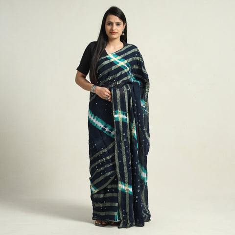 Blue - Kutch Bandhani Tie-Dye Cotton Saree with Blouse Piece