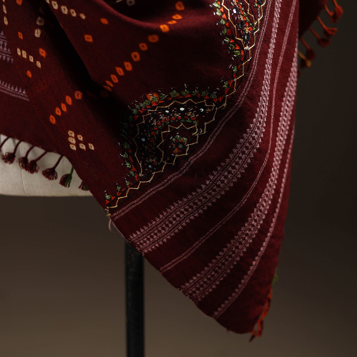 Kutch Bandhani Handwoven Neran Hand Embroidery Merino Wool Shawl 46