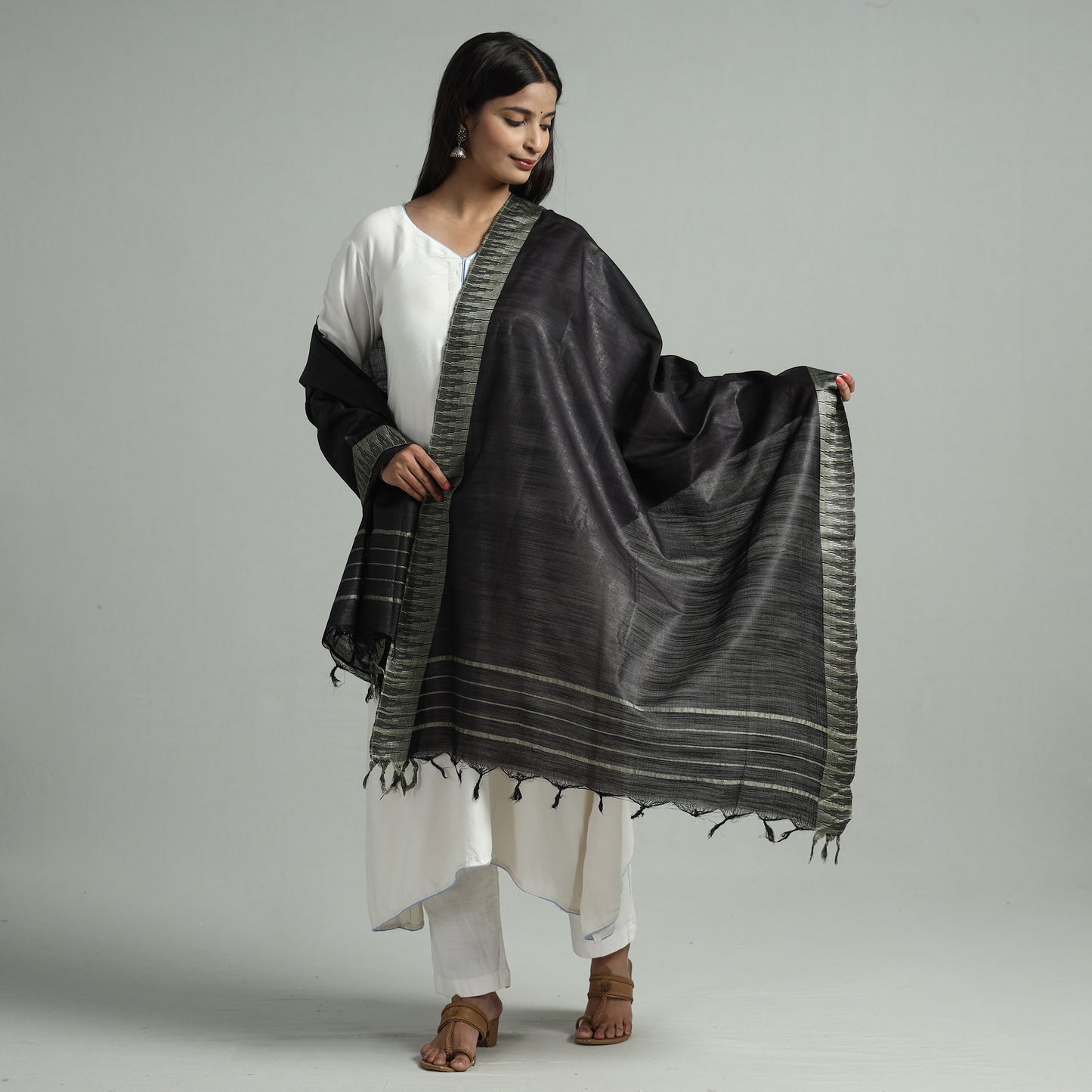 Black - Black Jamdani Buti Mulberry Silk Handloom Dupatta with Tassels 27