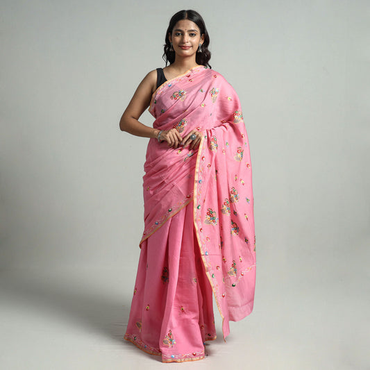 Pink - Kashidakari Hand Embroidery Pure Chanderi Silk Block Printed Saree with Zari Border 02