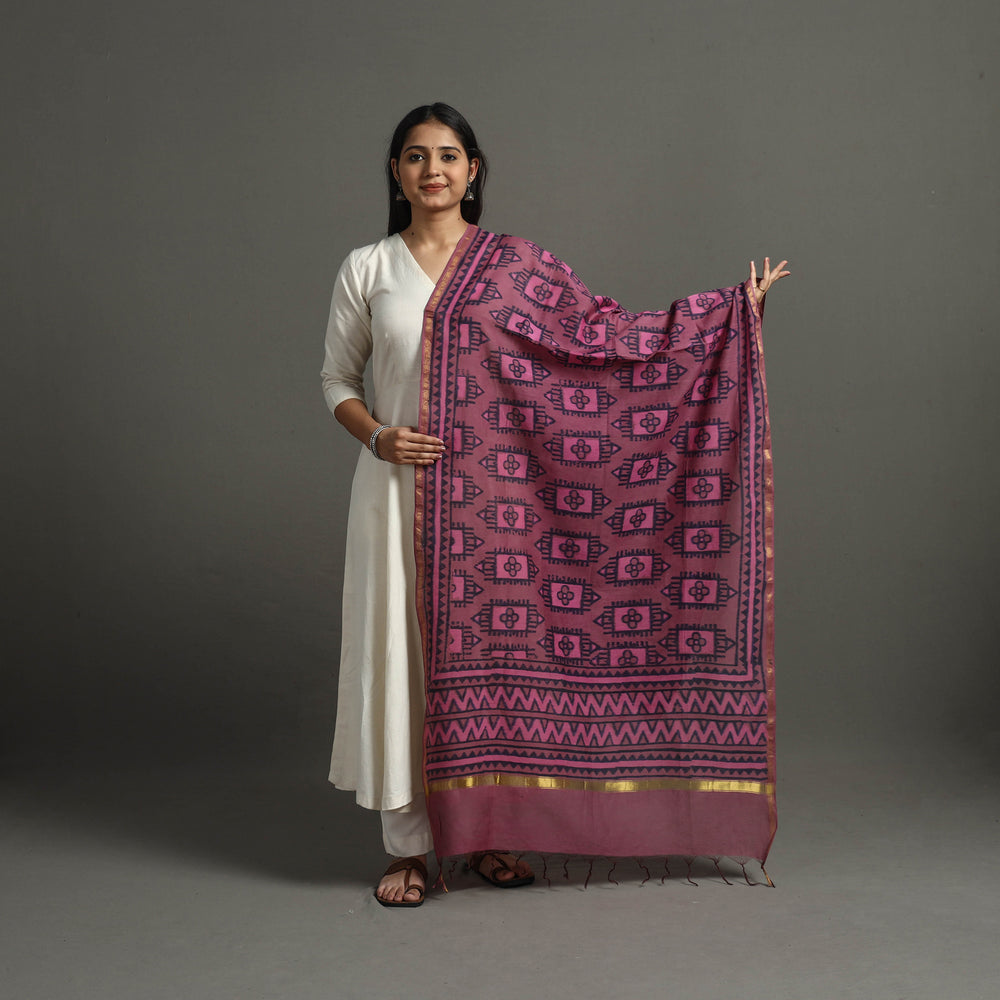 Purple - Block Printed Chanderi Silk Bagru Dupatta 45