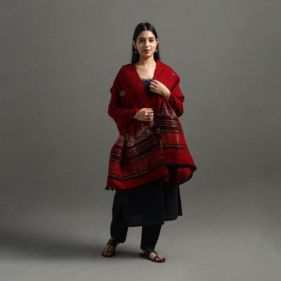 Red - Kutch Neran Hand Embroidery Mirror Work Woollen Shawl 65