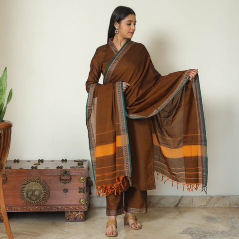 Brown - Dharwad Cotton Kurta with Palazzo & Dupatta Set 04