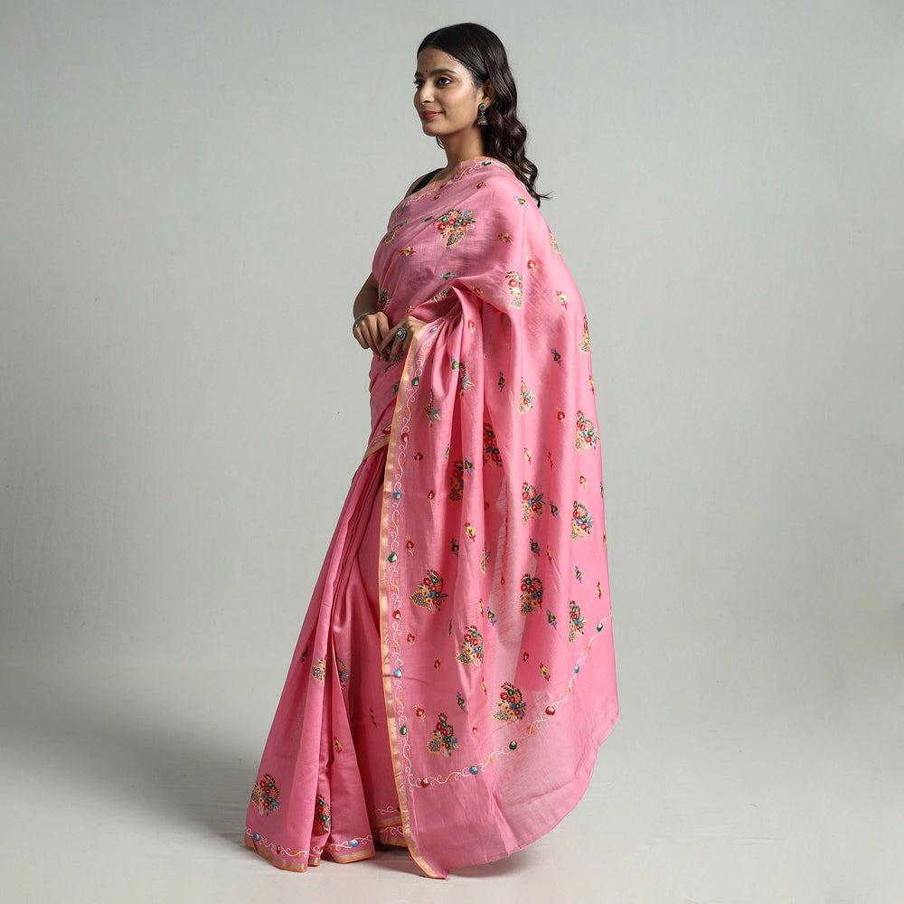 Pink - Kashidakari Hand Embroidery Pure Chanderi Silk Block Printed Saree with Zari Border 02