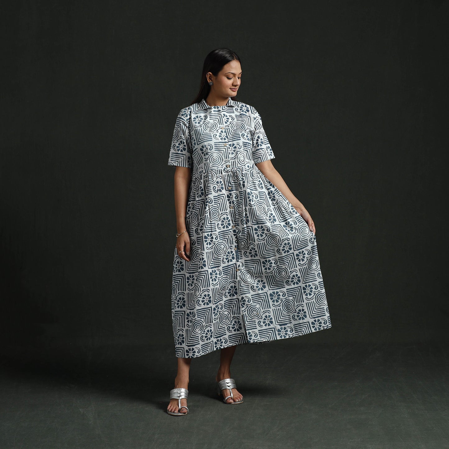 Collared Neck Buttoned Down Flared Cotton Hand Block Batik Print Dress 02