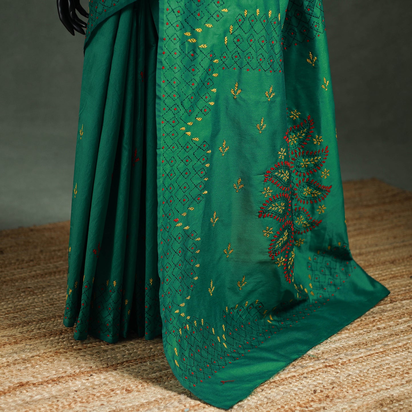Green - Bengal Nakshi Kantha Hand Embroidered Silk Saree 39