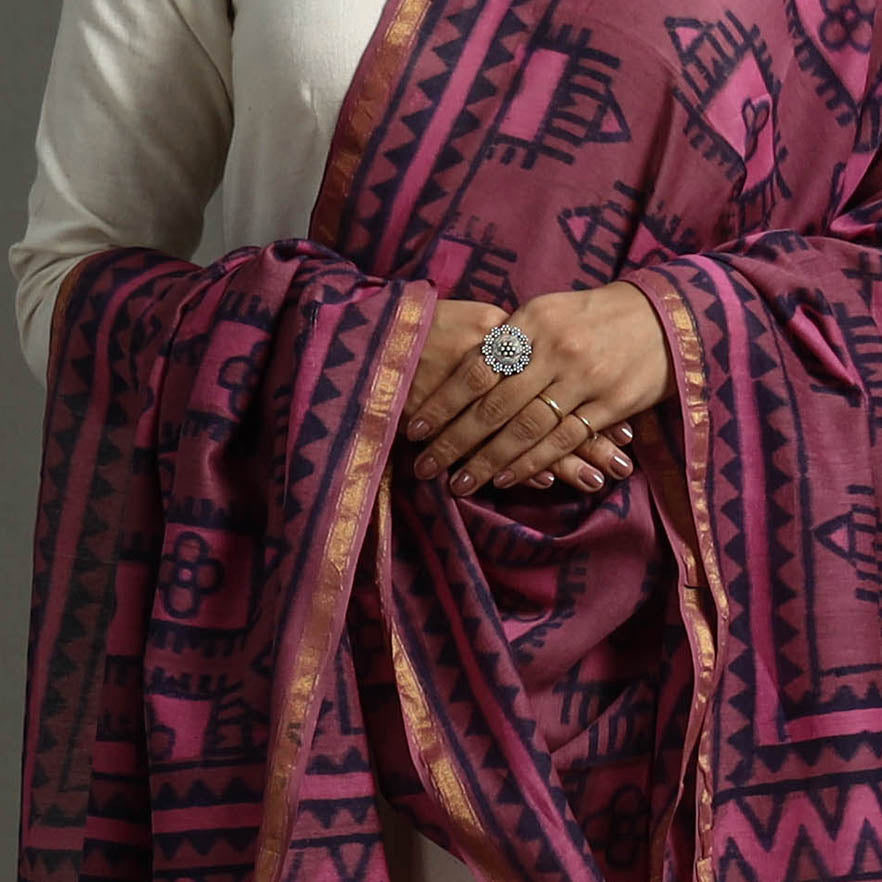 Purple - Block Printed Chanderi Silk Bagru Dupatta 45