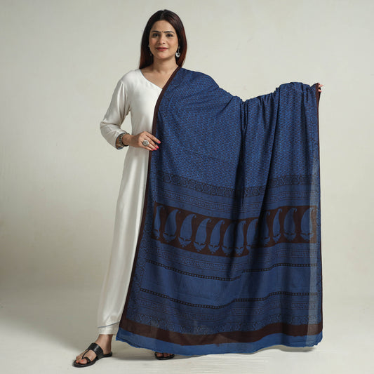 Blue - Bagh Block Printed Natural Dyed Cotton Dupatta 14