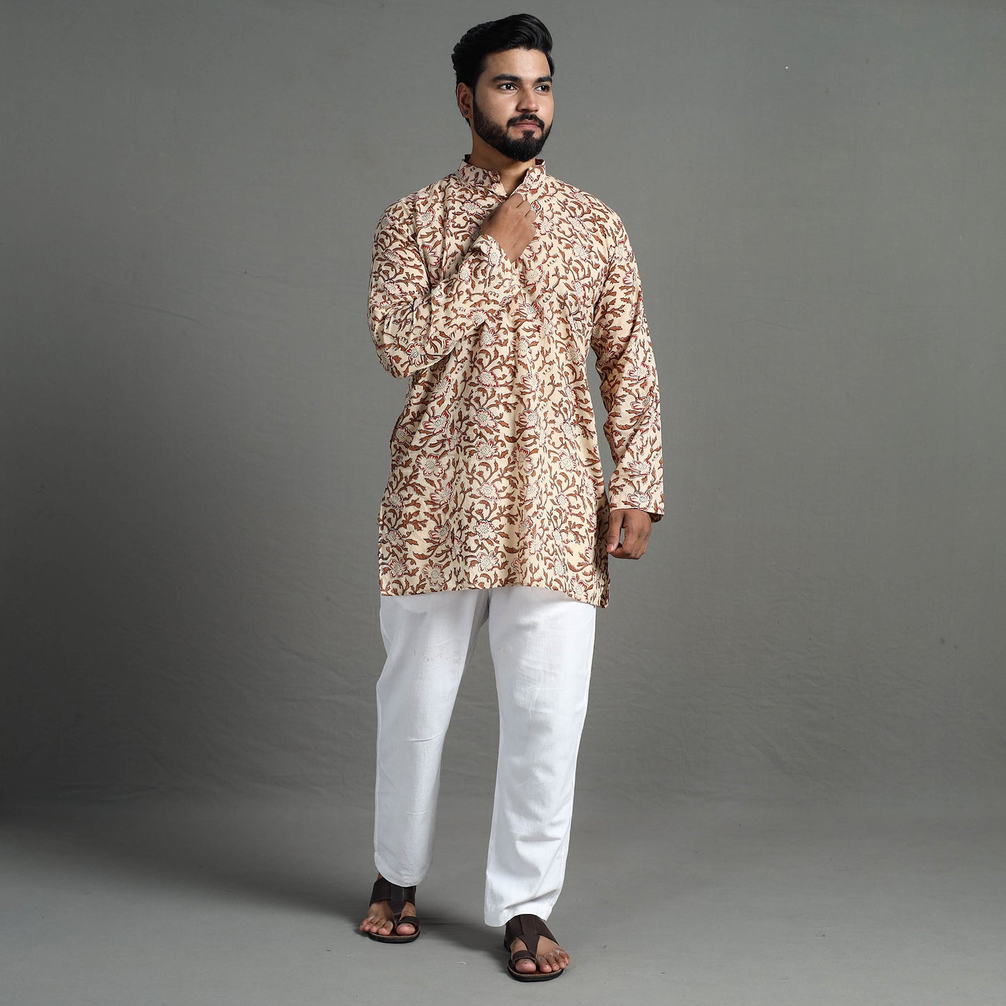 Sanganeri Block Printed Cotton Men Short Kurta 06