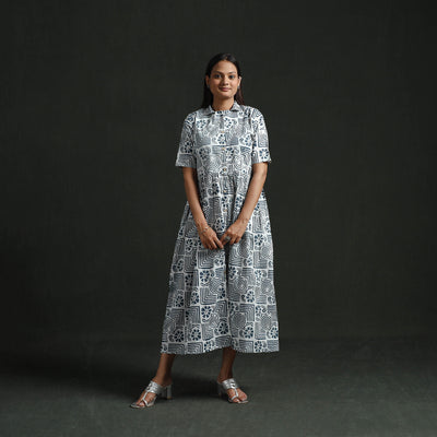 Collared Neck Buttoned Down Flared Cotton Hand Block Batik Print Dress 02