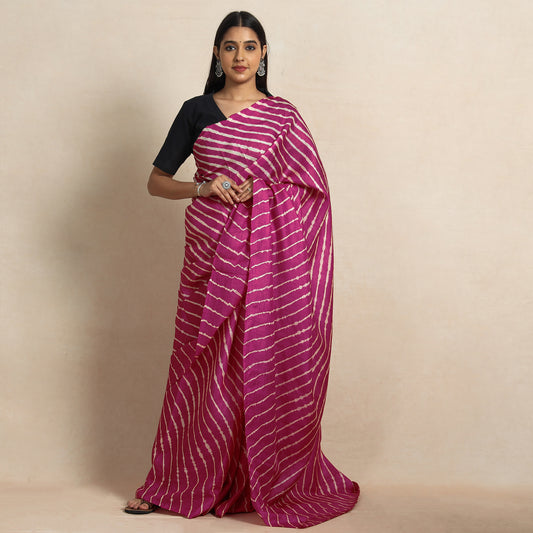 Purple - Leheriya Tie-Dye Tussar Silk Handloom Saree