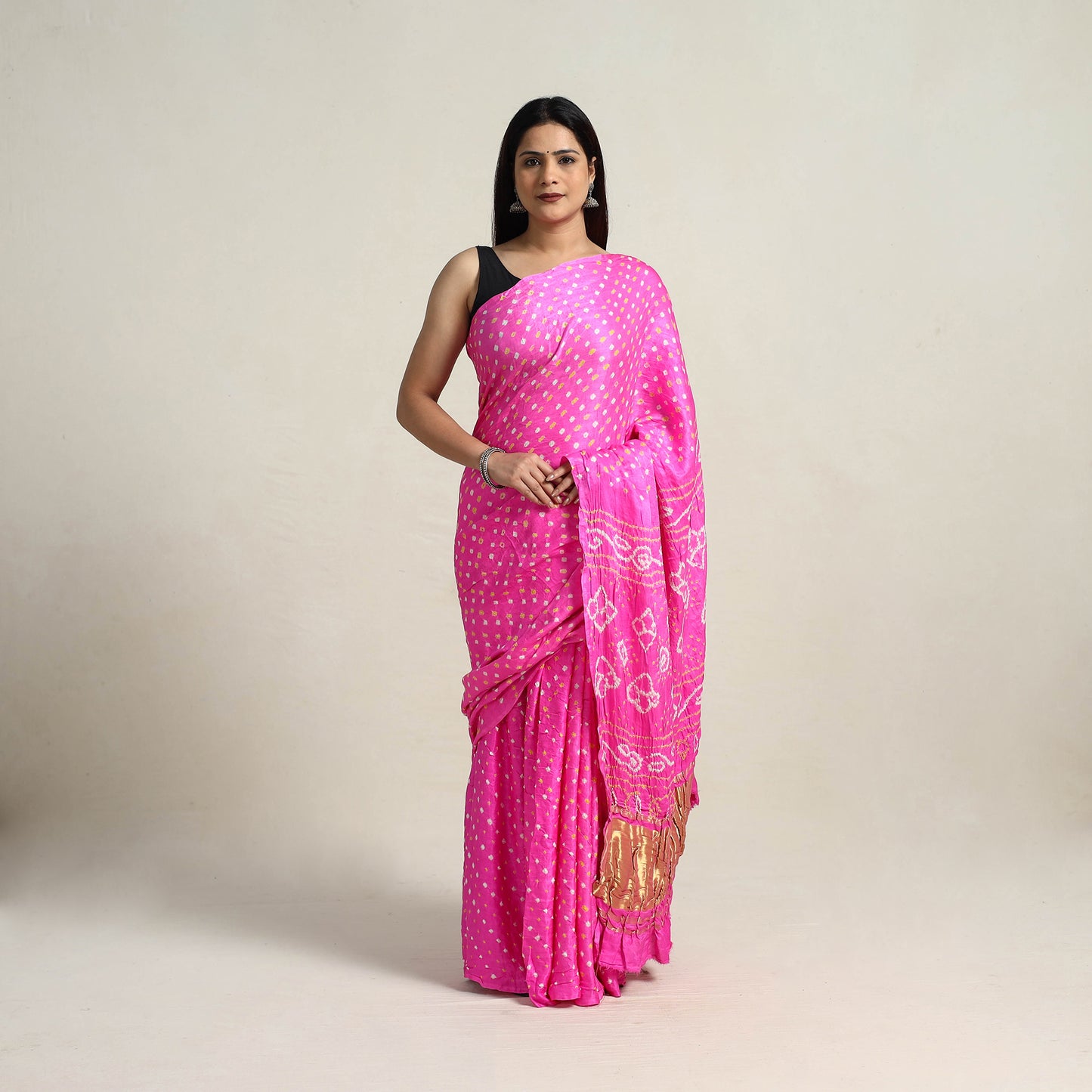 Pink - Kutch Tie-Dye Gajji Silk Bandhani Saree with Blouse Piece 13