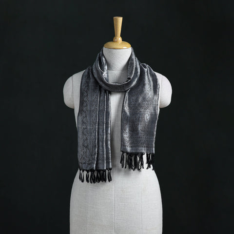 Grey - Handwoven Banarasi Pure Silk Stole with Tassels 01