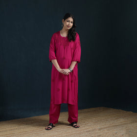 Pink - Hand Embroidered Rayon Chikankari Kurta with Pant Set for Women 03