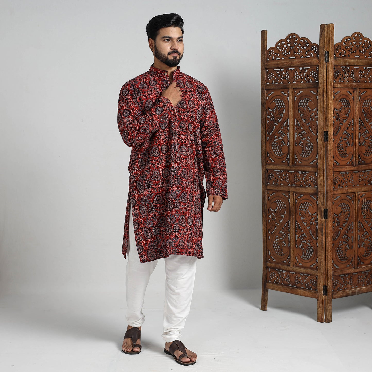 Ajrakh Block Printed Cotton Men Long Kurta 15