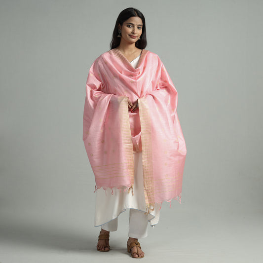 Pink - Peach Jamdani Buti Mulberry Silk Handloom Dupatta with Tassels 28
