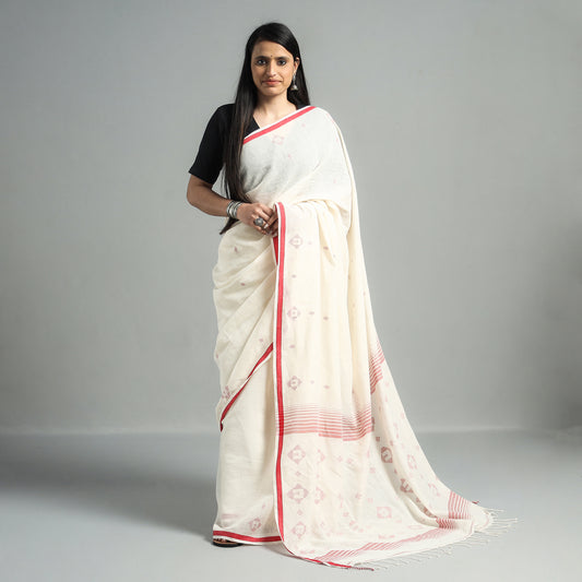 White - Phulia Jamdani Handloom Cotton Saree with Tassels