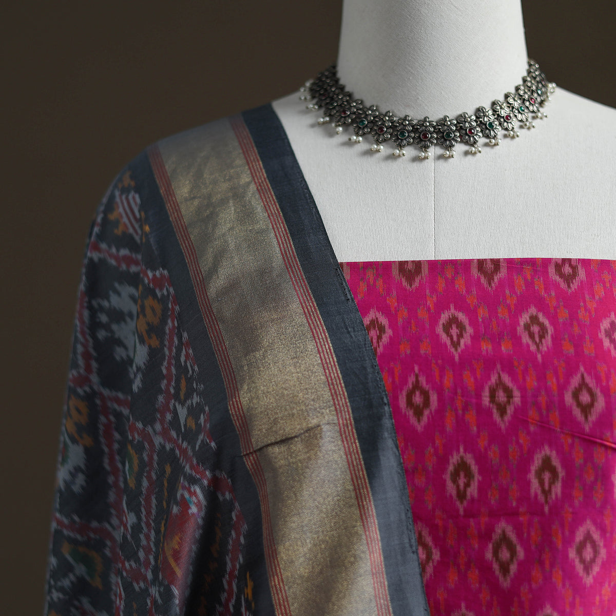 Pochampally Ikat Handloom Sico Unstitched Dress Material: Kurta with Dupatta 20