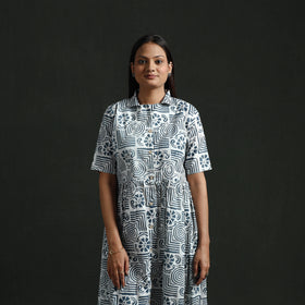 Collared Neck Buttoned Down Flared Cotton Hand Block Batik Print Dress 02