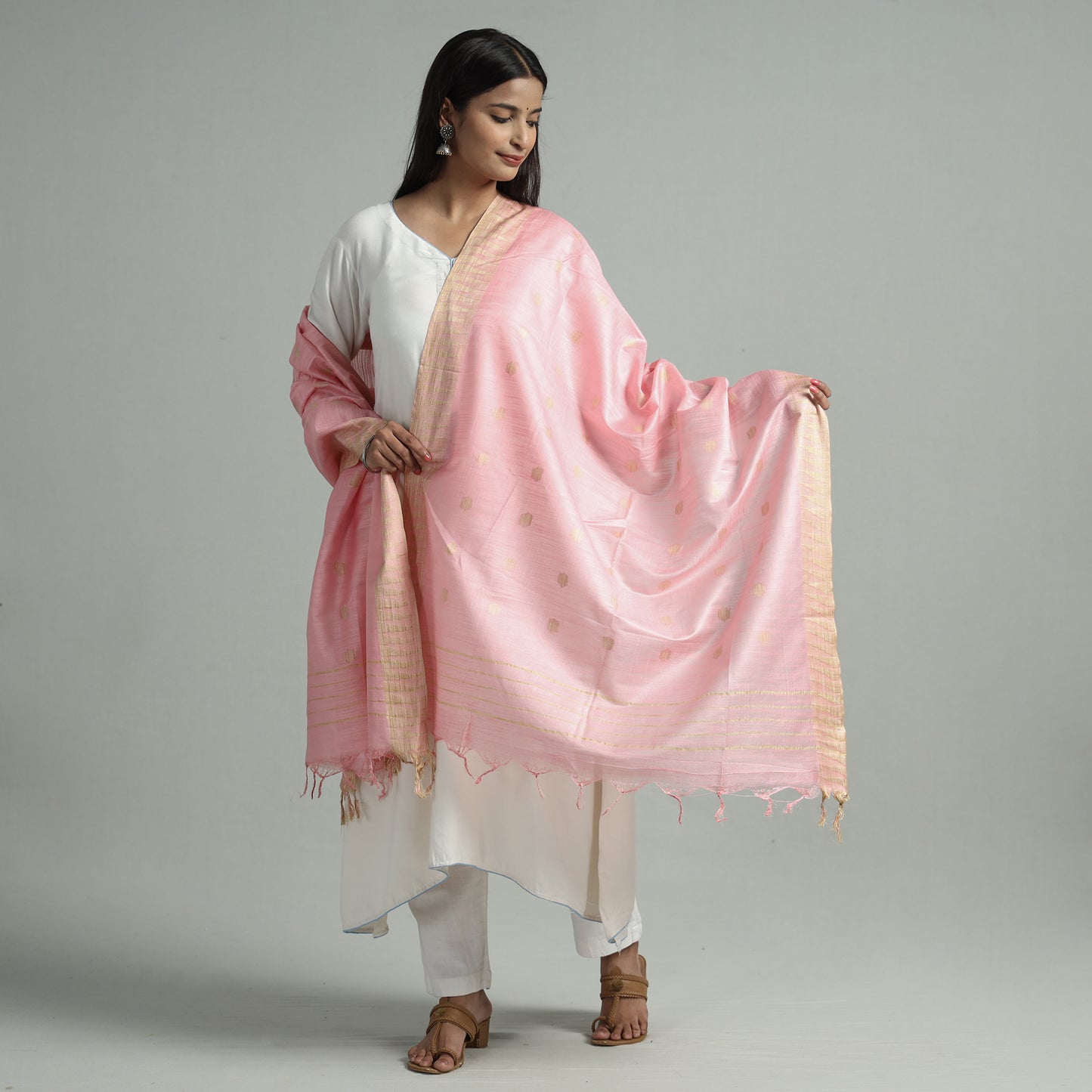 Pink - Jamdani Buti Mulberry Silk Handloom Dupatta with Tassels 28