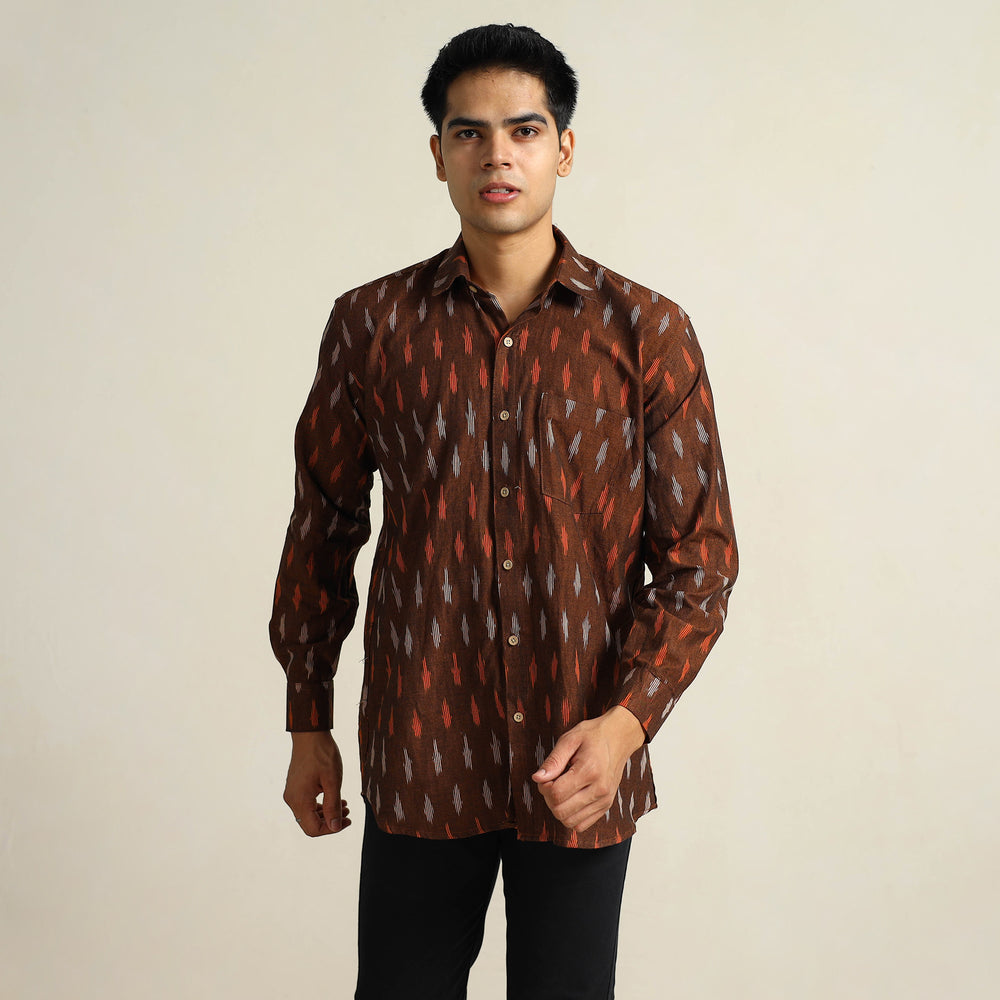 Brown - Pochampally Ikat Weave Cotton Men Full Sleeve Shirt 26