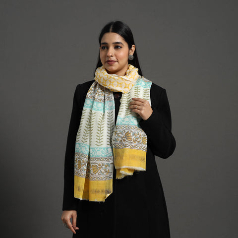 Buy Pure Wool Block Print Yellow Sanganeri Stole