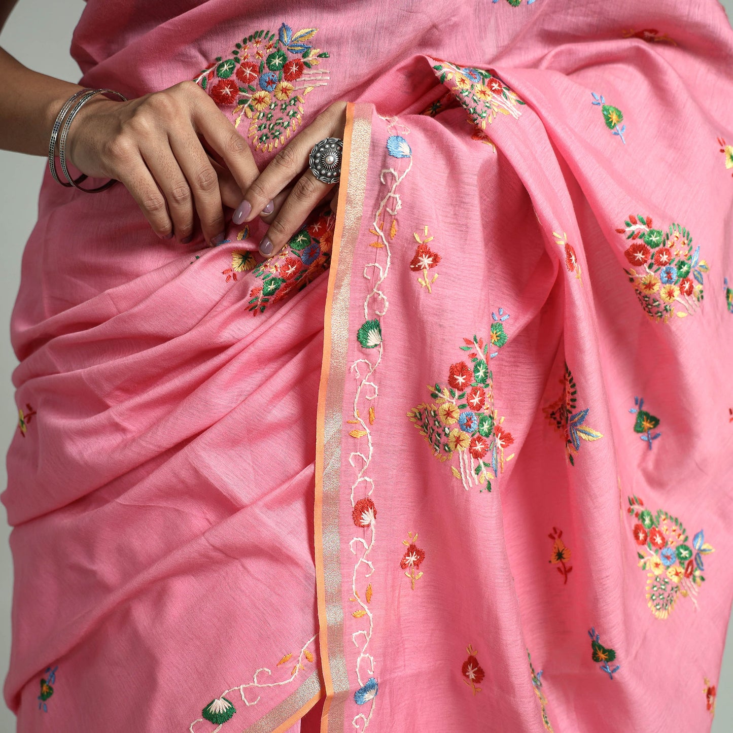 Pink - Kashidakari Hand Embroidery Pure Chanderi Silk Block Printed Saree with Zari Border 02