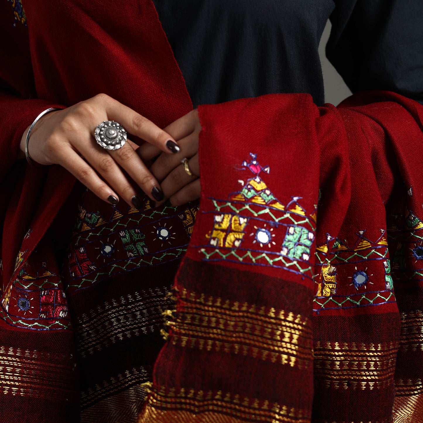 Red - Kutch Neran Hand Embroidery Mirror Work Woollen Shawl 65