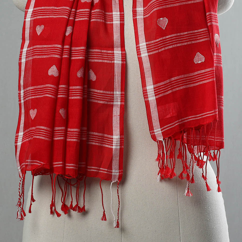 Red - Pure Cotton Phulia Jamdani Handloom Stole with Tassels 04