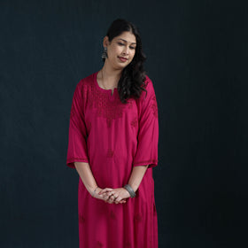 Pink - Hand Embroidered Rayon Chikankari Kurta with Pant Set for Women 03