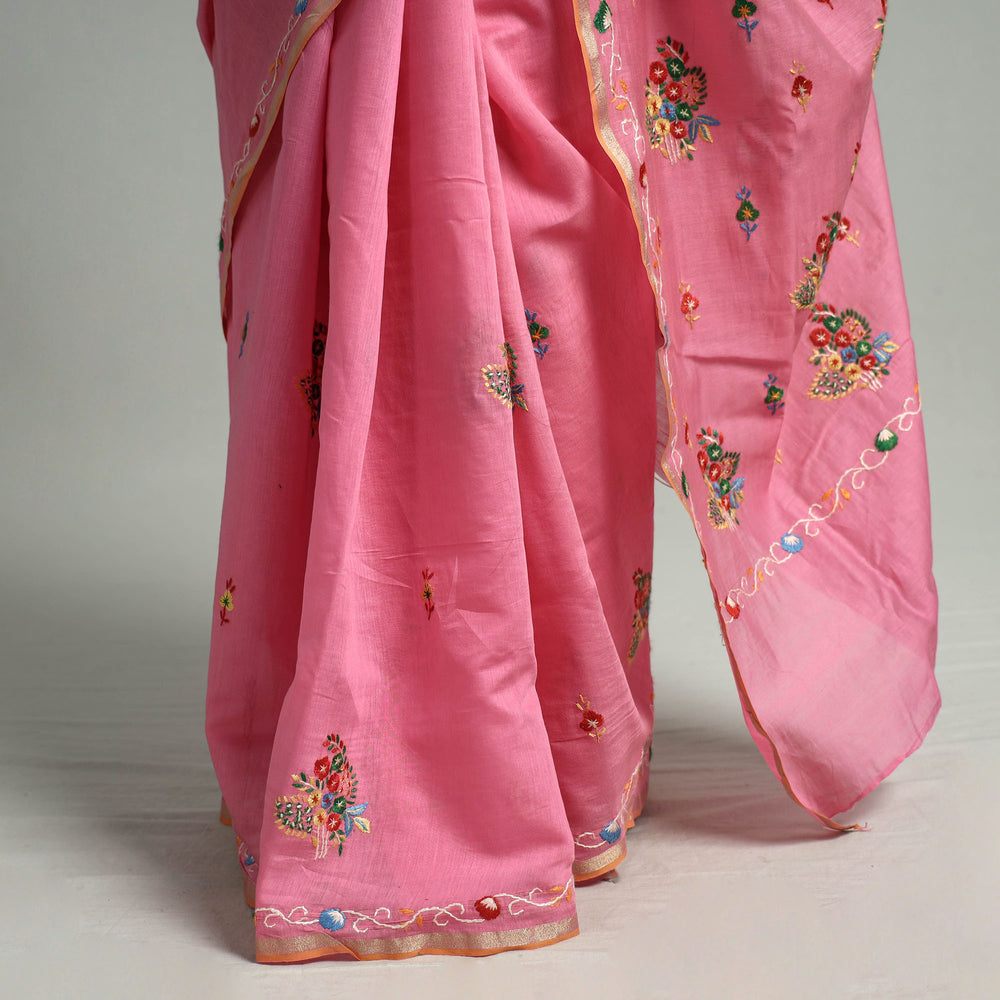 Pink - Kashidakari Hand Embroidery Pure Chanderi Silk Block Printed Saree with Zari Border 02