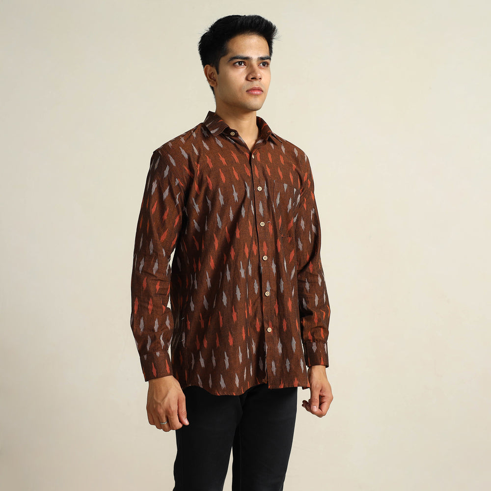 Brown - Pochampally Ikat Weave Cotton Men Full Sleeve Shirt 26