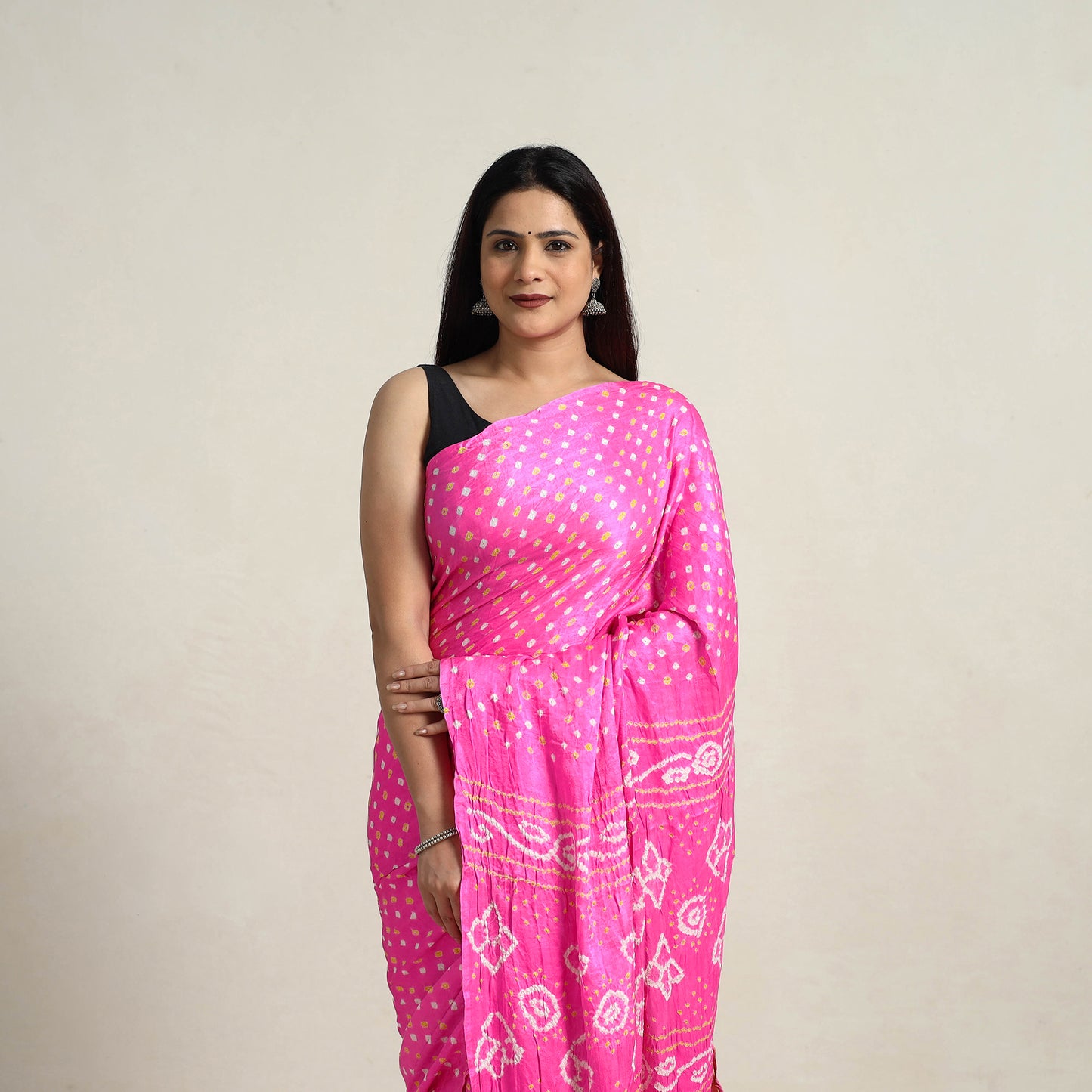 Pink - Kutch Tie-Dye Gajji Silk Bandhani Saree with Blouse Piece 13