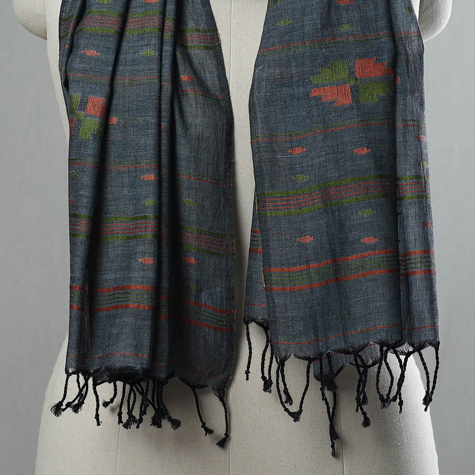 Grey - Pure Cotton Phulia Jamdani Handloom Stole with Tassels 05