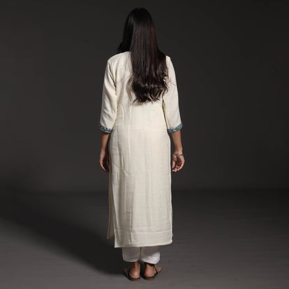 White - Cream - Kumaun Handwoven Merino Wool with Sanganeri Patchwork Long Straight Kurta