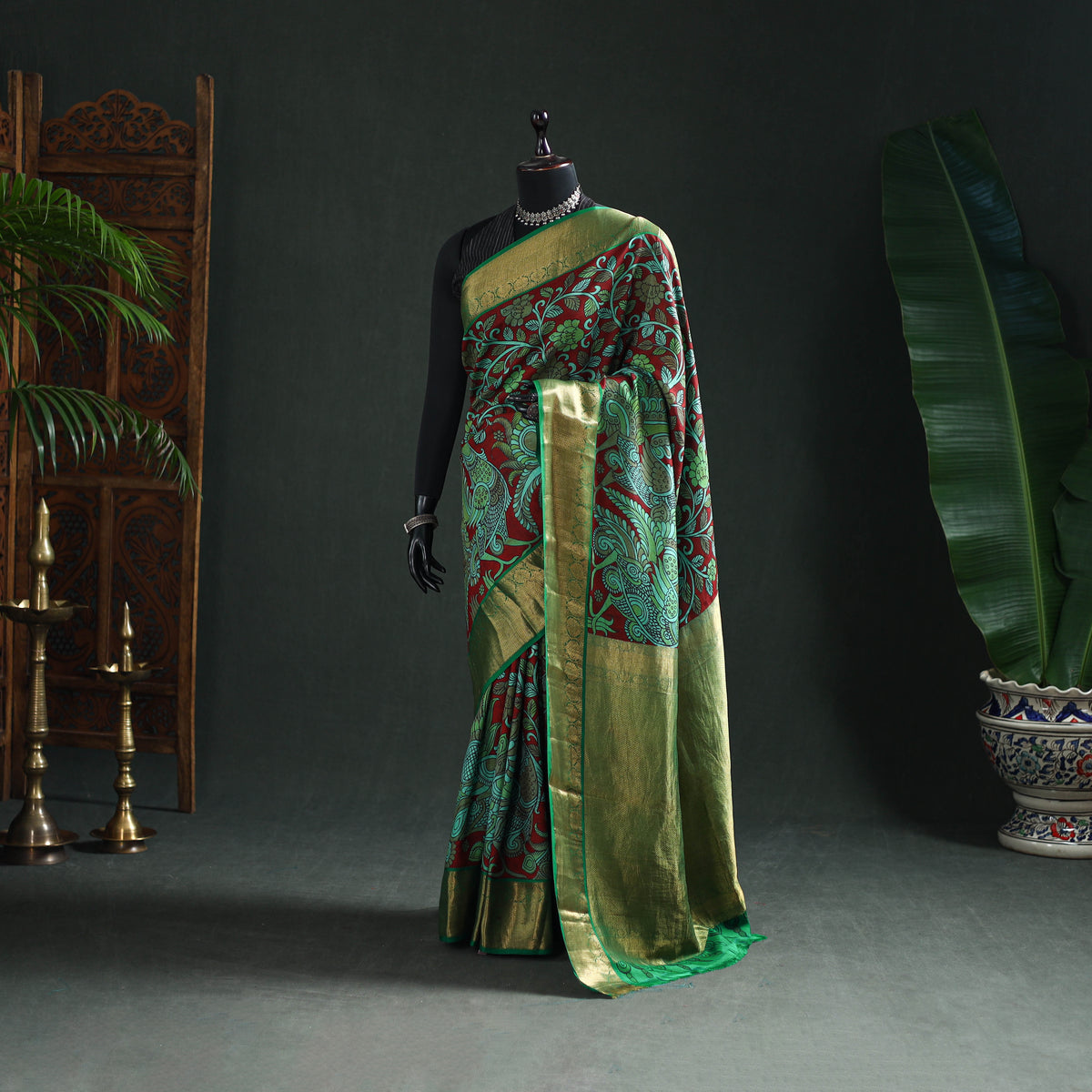 Kanjeevaram Pure Handloom Mulberry Silk Handpainted Srikalahasti Pen Kalamkari Saree with Zari Work 19