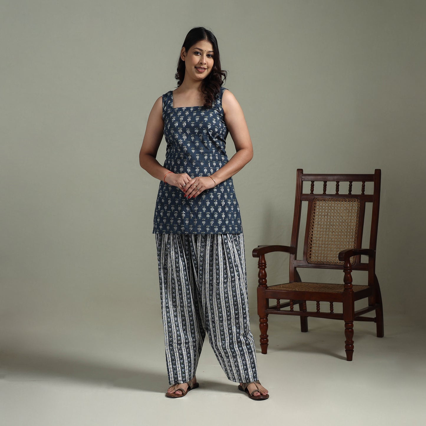 Sanganeri Hand Block Print Cotton Short Kurta with Farshi Salwar Set for women 10