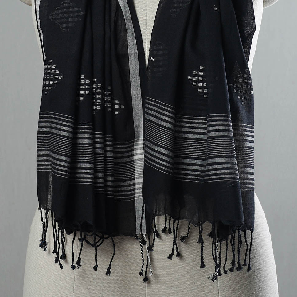 Black - Pure Cotton Phulia Jamdani Handloom Stole with Tassels 06