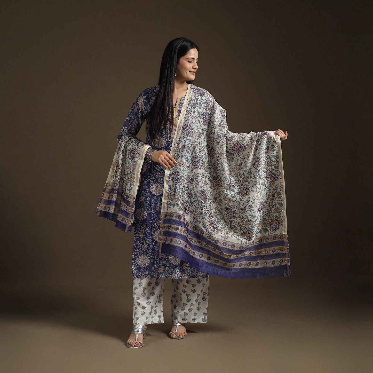 Gota Work Sanganeri Hand Block Print Chanderi Silk Suit Set with Dupatta for Women 09