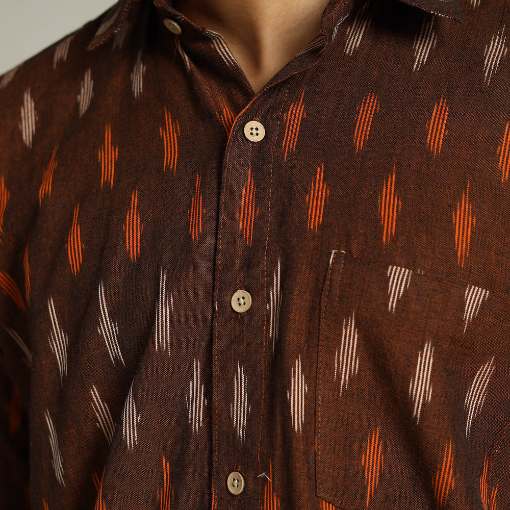 Brown - Pochampally Ikat Weave Cotton Men Full Sleeve Shirt 26