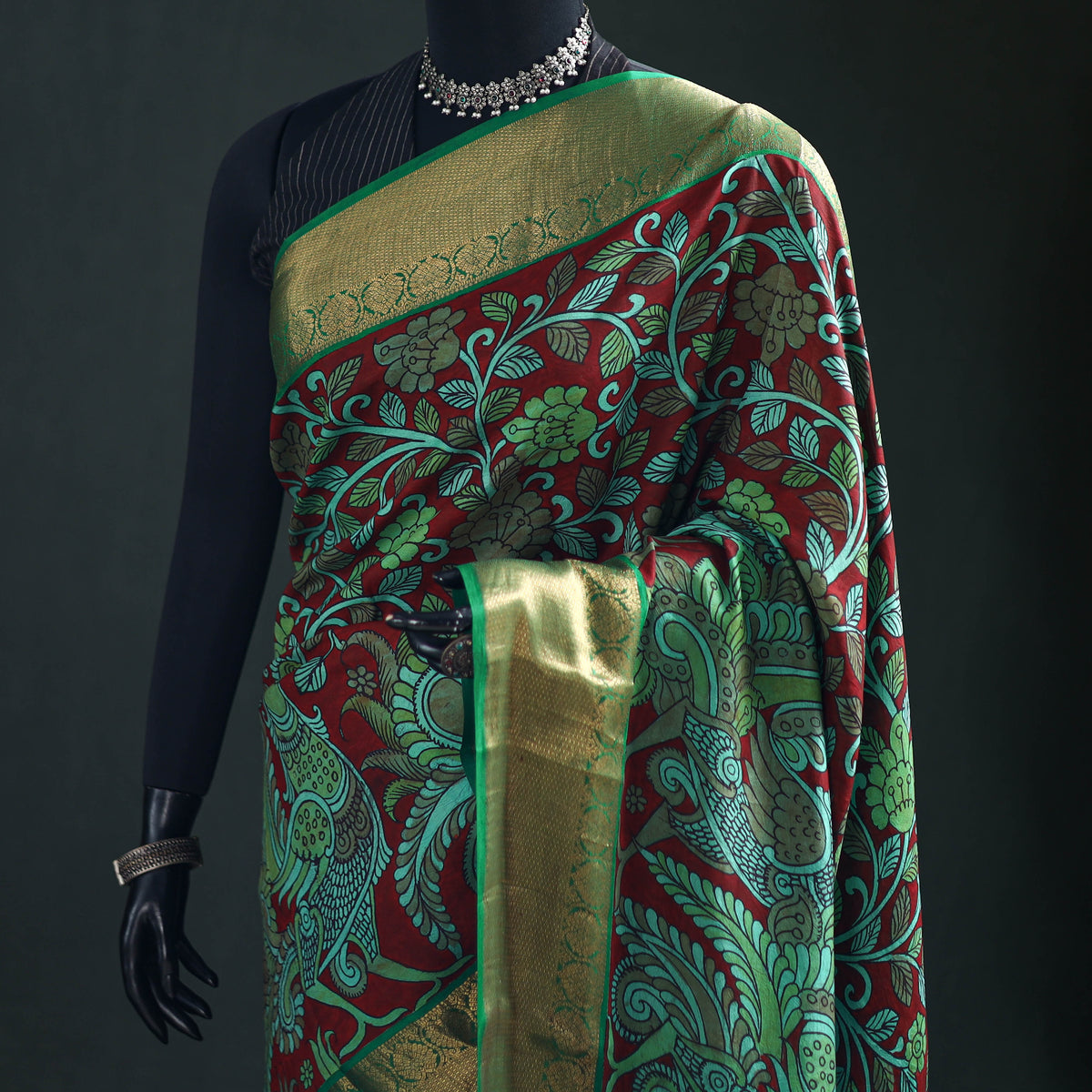 Kanjeevaram Pure Handloom Mulberry Silk Handpainted Srikalahasti Pen Kalamkari Saree with Zari Work 19