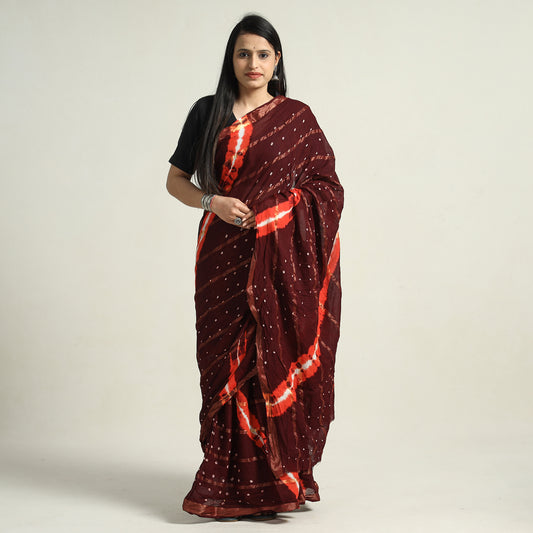 Maroon - Kutch Bandhani Tie-Dye Cotton Saree with Blouse Piece
