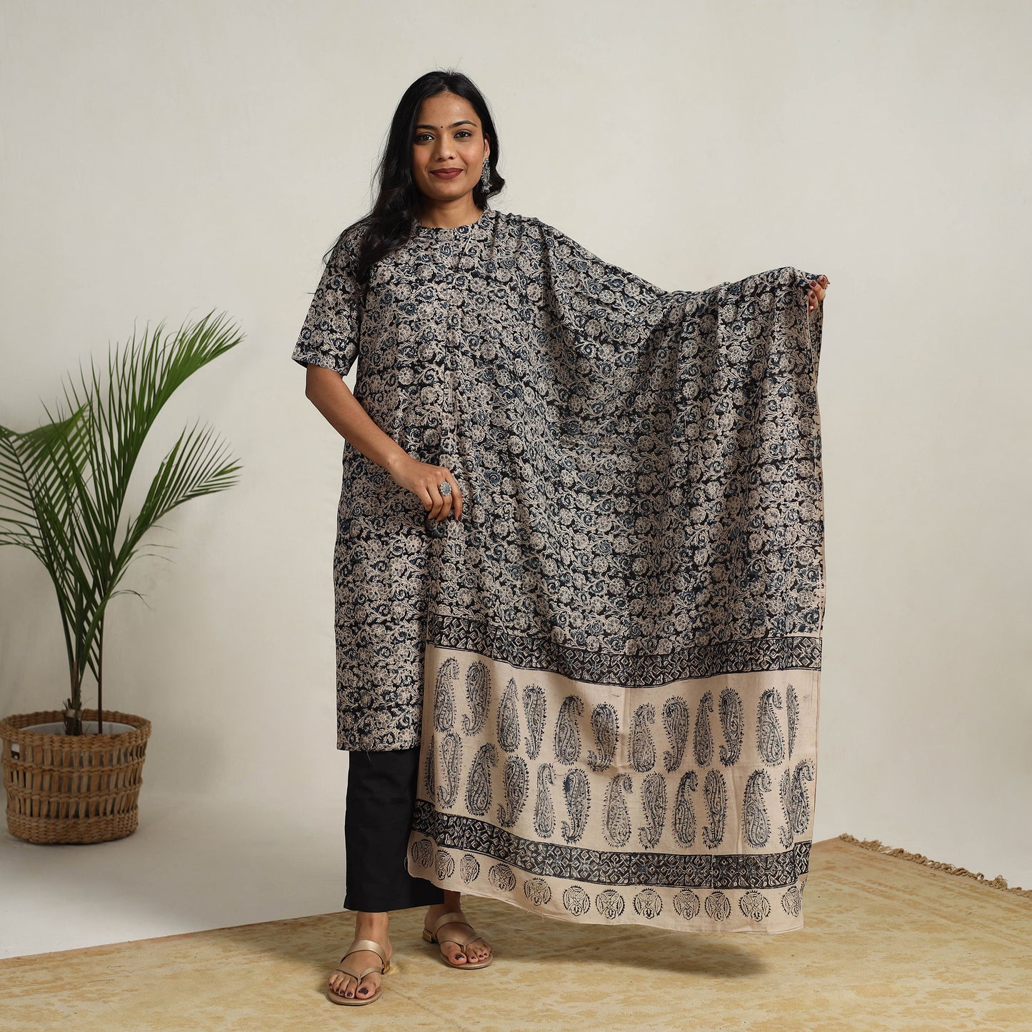 Black - printed cotton kalamkari kurta set 03 - handcrafted