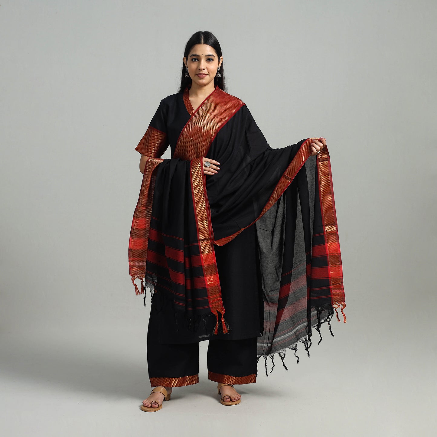 Black - Cotton Dharwad Kurta Set with Palazzo & Dupatta 17