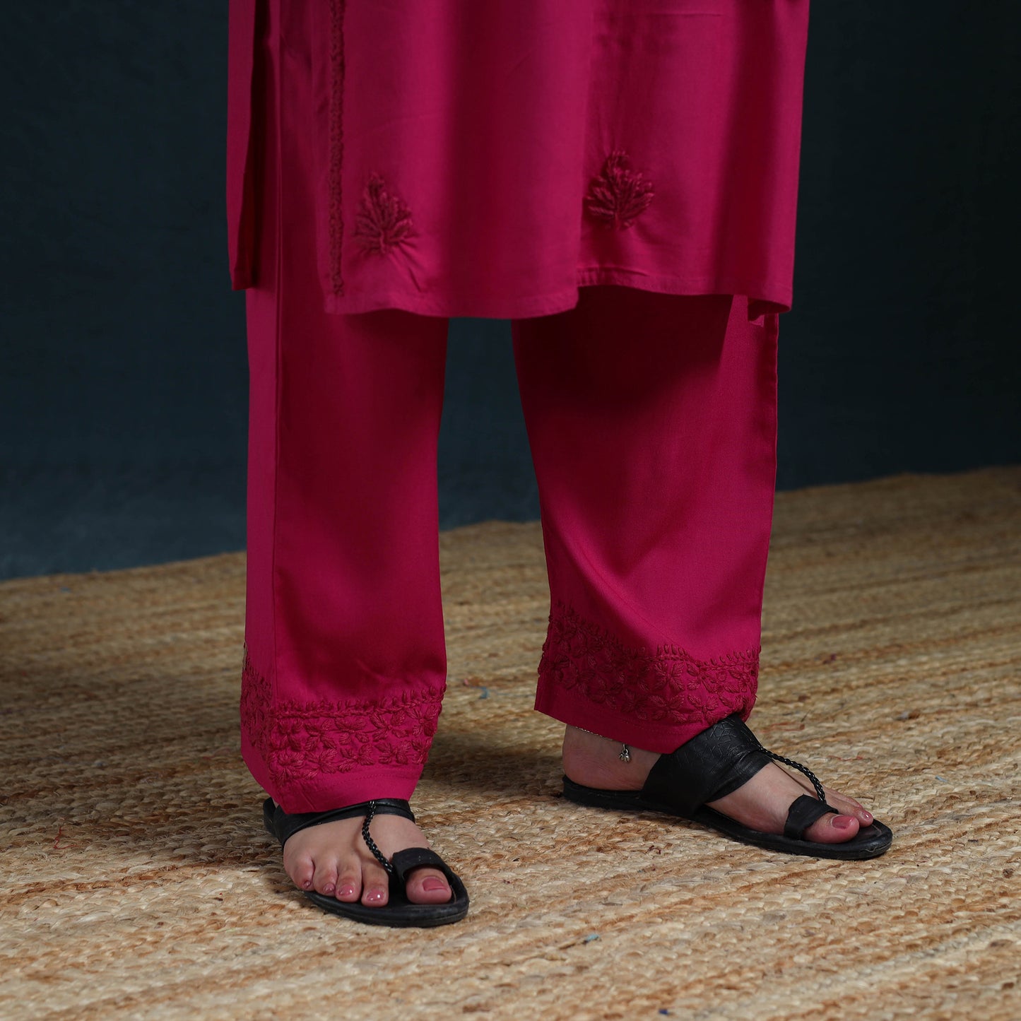 Pink - Hand Embroidered Rayon Chikankari Kurta with Pant Set for Women 03