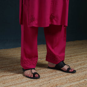 Pink - Hand Embroidered Rayon Chikankari Kurta with Pant Set for Women 03